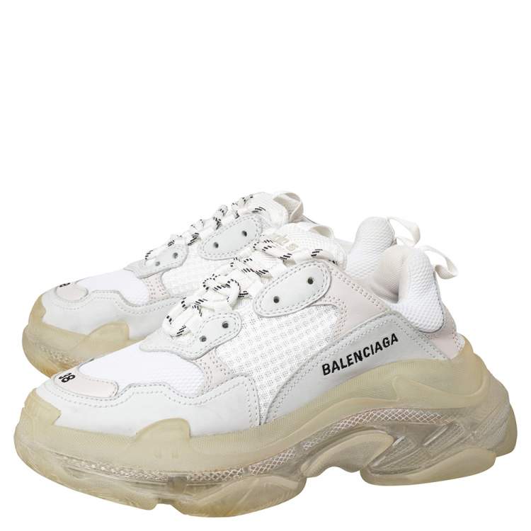 Pre Owned Balenciaga White Mesh And Leather Triple S Clear Sole Low Top Sneakers Size 38