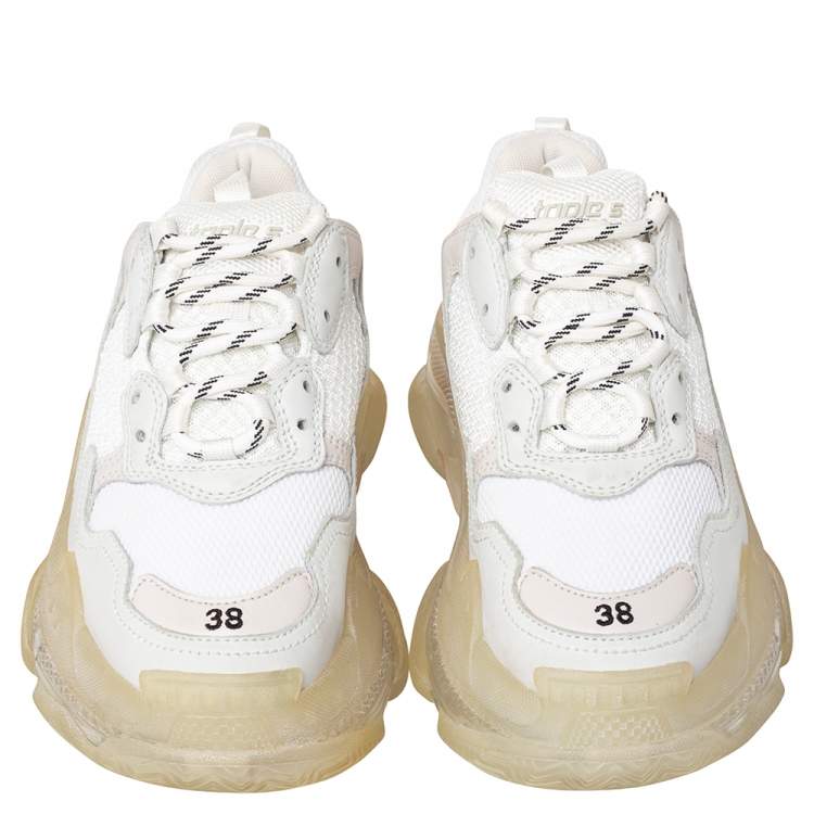 Pre Owned Balenciaga White Mesh And Leather Triple S Clear Sole Low Top Sneakers Size 38
