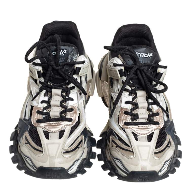 Pre Owned Balenciaga Cream White/Black Leather and Mesh Track2 Sneakers Size 38