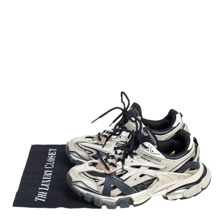 Pre Owned Balenciaga Cream White/Black Leather and Mesh Track2 Sneakers Size 38