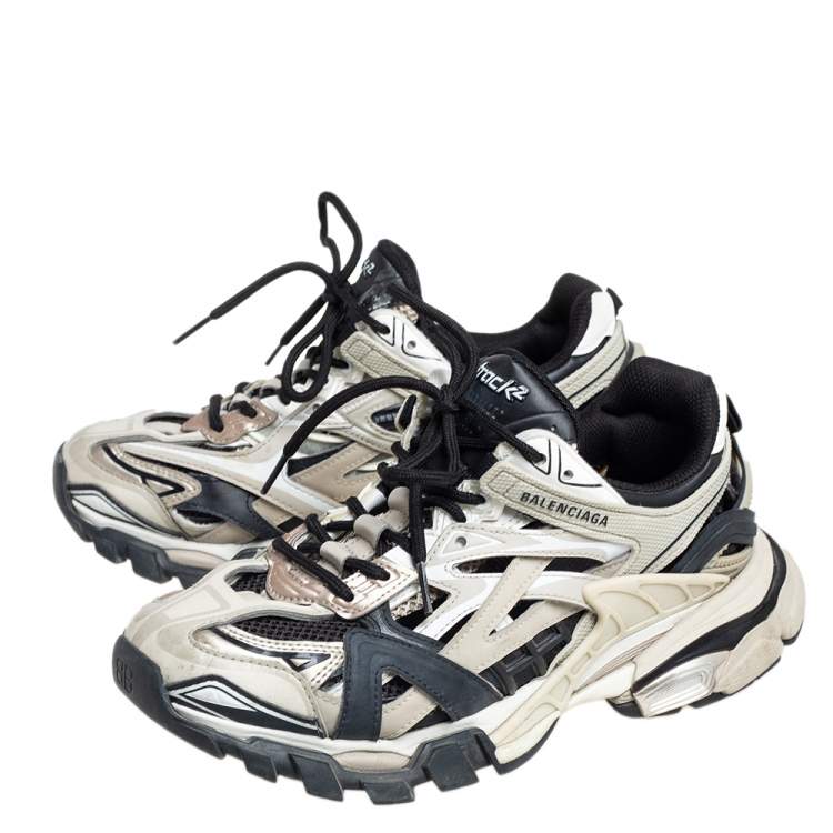 Pre Owned Balenciaga Cream White/Black Leather and Mesh Track2 Sneakers Size 38