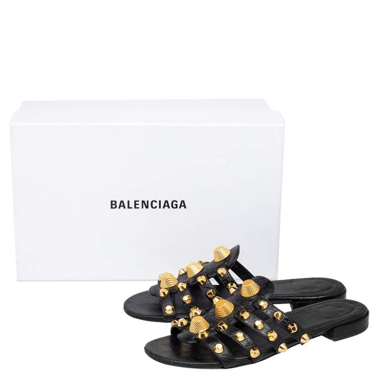 Pre Owned Balenciaga Black Leather Arena Studded Strappy Flat Slides Size 39