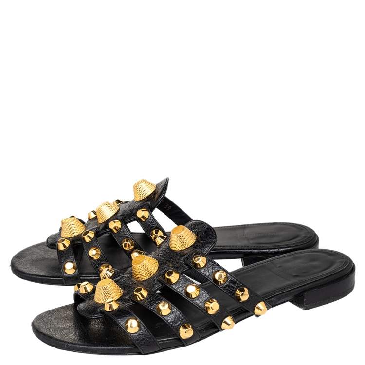 Pre Owned Balenciaga Black Leather Arena Studded Strappy Flat Slides Size 39