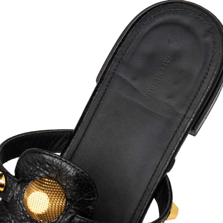 Pre Owned Balenciaga Black Leather Arena Studded Strappy Flat Slides Size 39