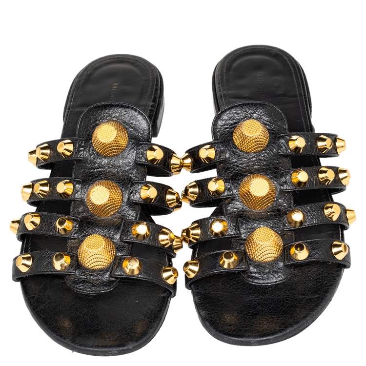 Pre Owned Balenciaga Black Leather Arena Studded Strappy Flat Slides Size 39