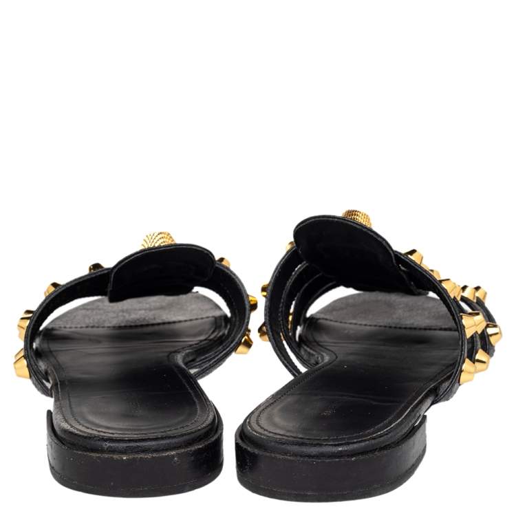 Pre Owned Balenciaga Black Leather Arena Studded Strappy Flat Slides Size 39