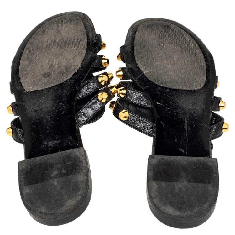 Pre Owned Balenciaga Black Leather Arena Studded Strappy Flat Slides Size 39