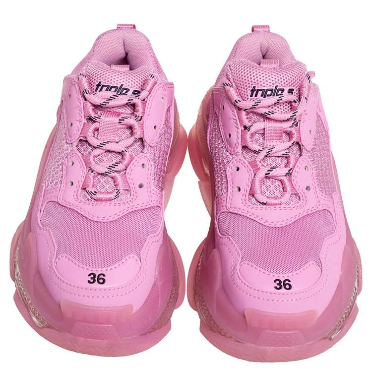 Pre Owned Balenciaga Pink Leather And Mesh Triple S Clear Sole Low Top Sneakers Size 36