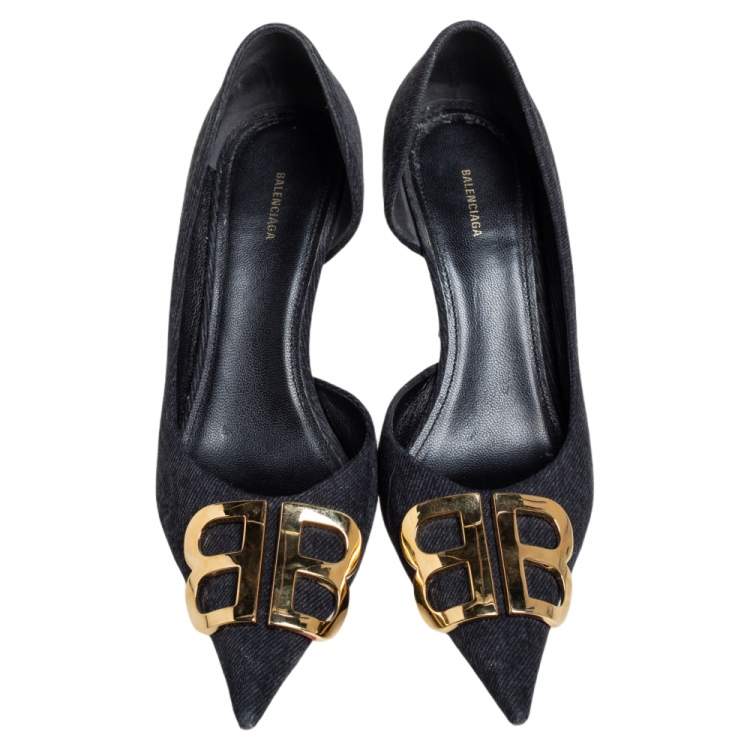 Pre Owned Balenciaga Black Canvas BB D'orsay Pointed Toe Pumps Size 37