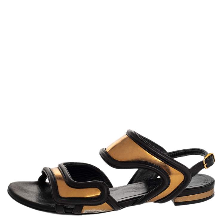 Pre Owned Balenciaga Black/Gold Leather Open Toe Flat Sandals Size 36