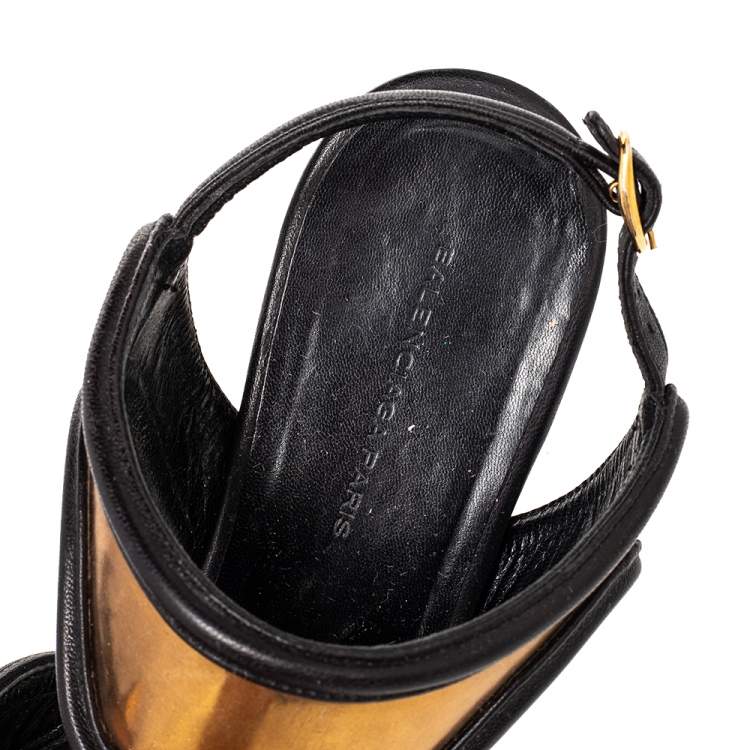 Pre Owned Balenciaga Black/Gold Leather Open Toe Flat Sandals Size 36
