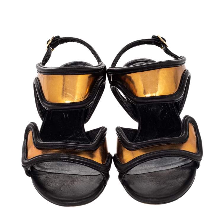 Pre Owned Balenciaga Black/Gold Leather Open Toe Flat Sandals Size 36
