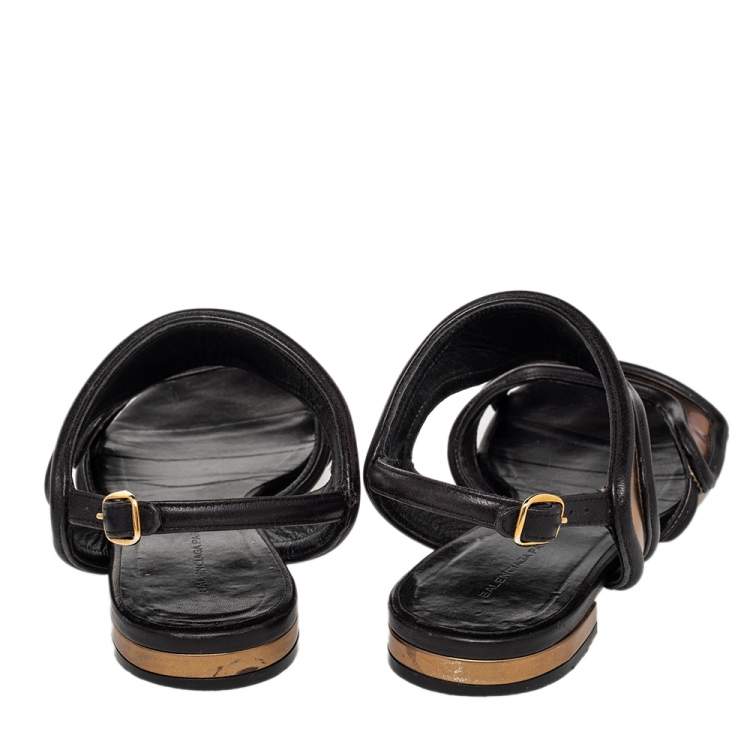 Pre Owned Balenciaga Black/Gold Leather Open Toe Flat Sandals Size 36