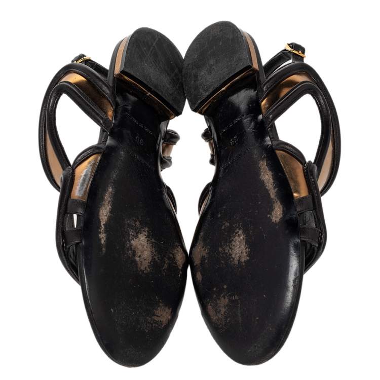 Pre Owned Balenciaga Black/Gold Leather Open Toe Flat Sandals Size 36