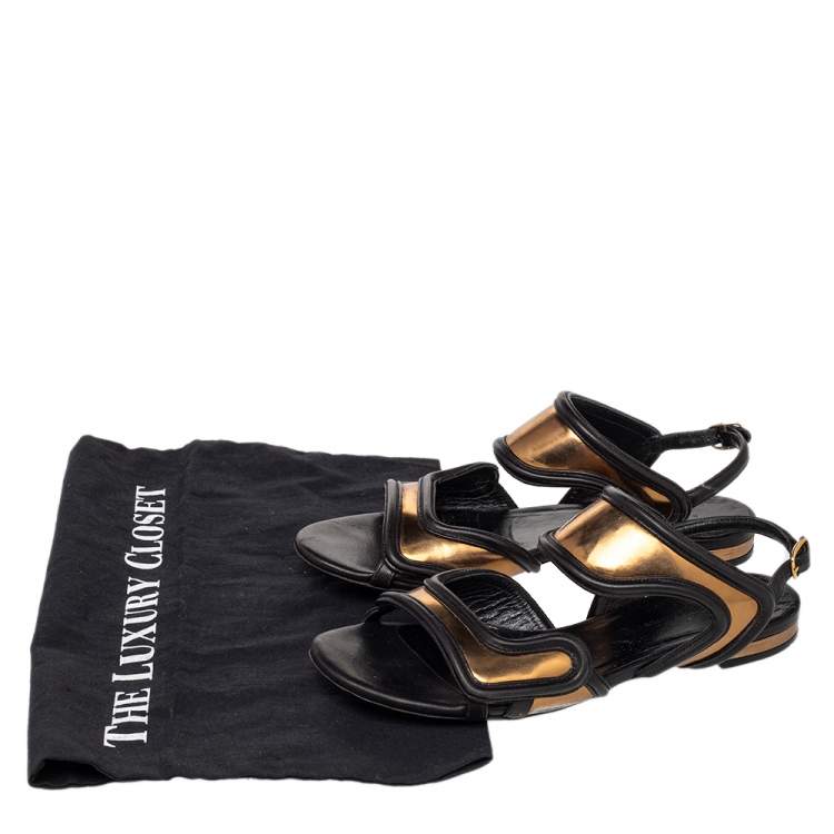 Pre Owned Balenciaga Black/Gold Leather Open Toe Flat Sandals Size 36