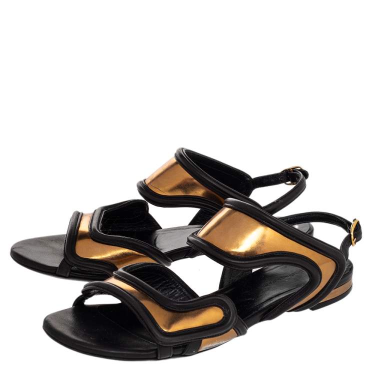 Pre Owned Balenciaga Black/Gold Leather Open Toe Flat Sandals Size 36