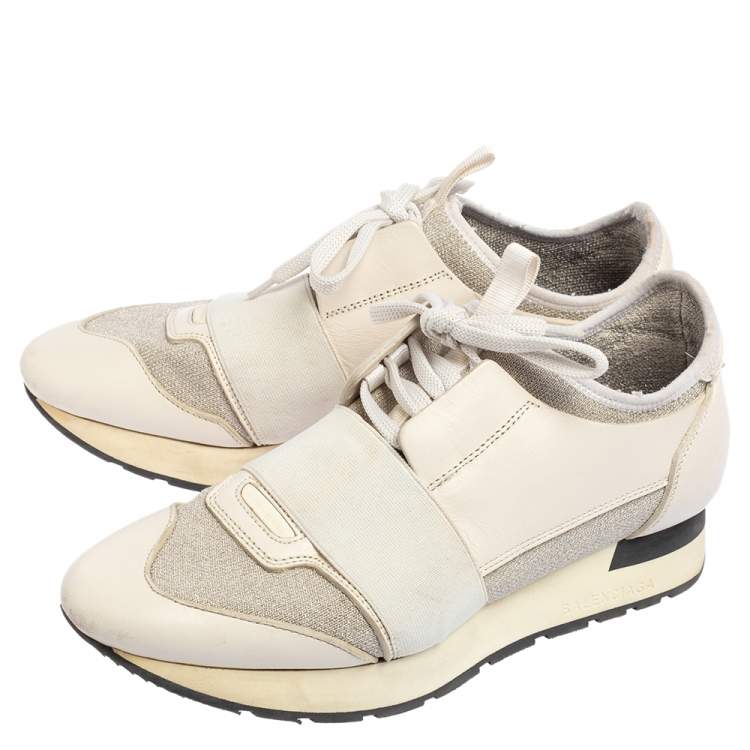 Pre Owned Balenciaga White/Grey Leather And Stretch Knit Race Runner Low Top Sneakers Size 37