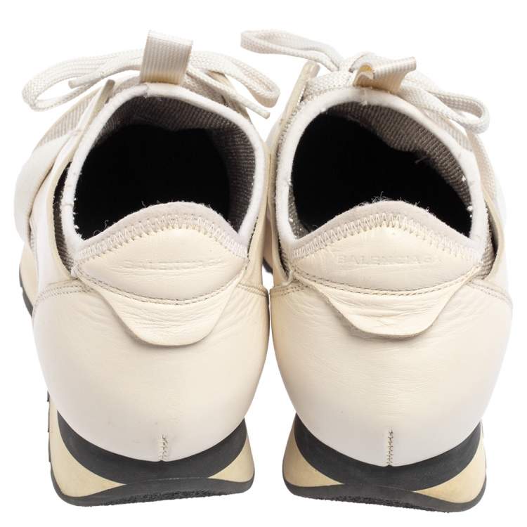 Pre Owned Balenciaga White/Grey Leather And Stretch Knit Race Runner Low Top Sneakers Size 37