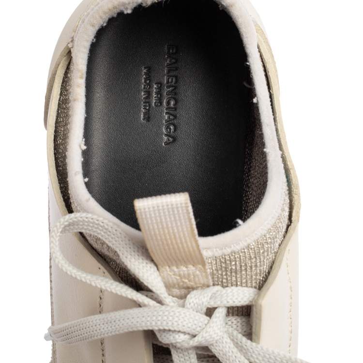 Pre Owned Balenciaga White/Grey Leather And Stretch Knit Race Runner Low Top Sneakers Size 37