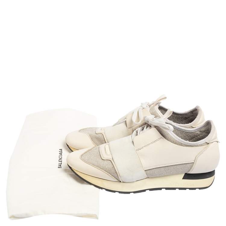Pre Owned Balenciaga White/Grey Leather And Stretch Knit Race Runner Low Top Sneakers Size 37