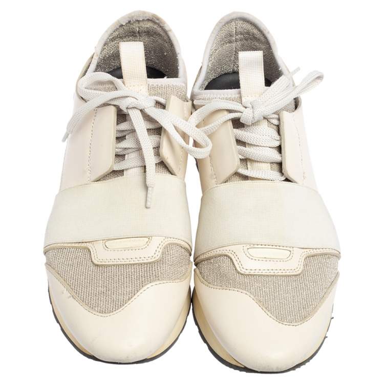 Pre Owned Balenciaga White/Grey Leather And Stretch Knit Race Runner Low Top Sneakers Size 37