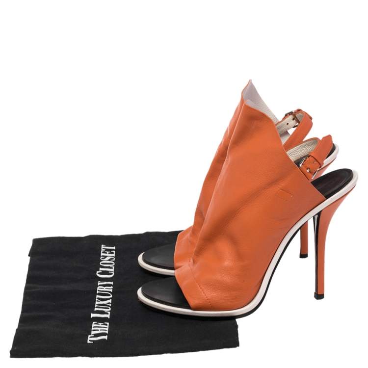 Pre Owned Balenciaga Orange Leather Glove Peep Toe Sandals Size 40