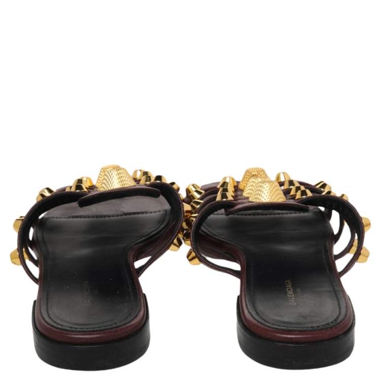 Pre Owned Balenciaga Burgundy Leather Arena Studded Strappy Slide Flats Size 36