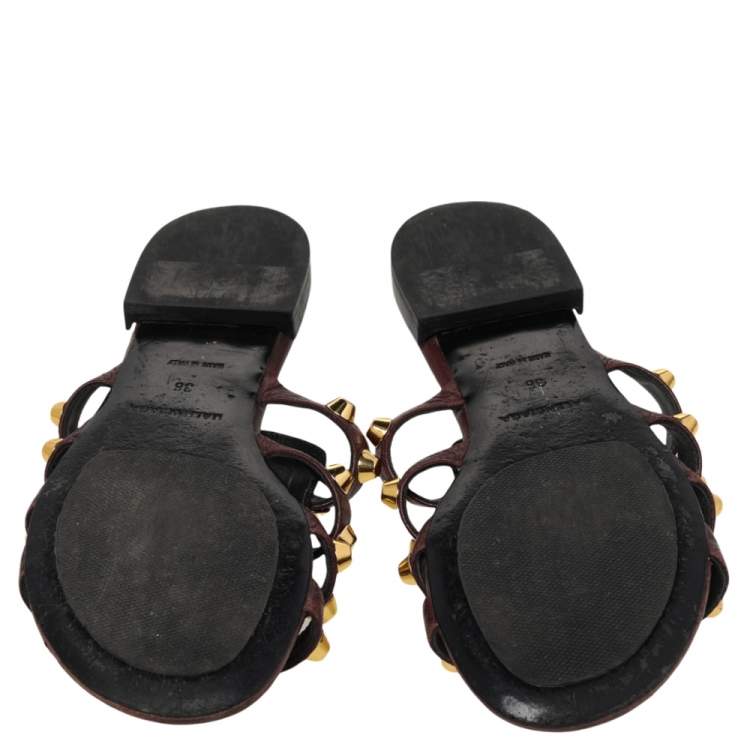 Pre Owned Balenciaga Burgundy Leather Arena Studded Strappy Slide Flats Size 36
