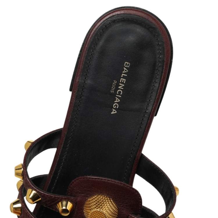 Pre Owned Balenciaga Burgundy Leather Arena Studded Strappy Slide Flats Size 36