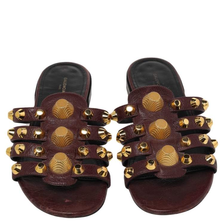 Pre Owned Balenciaga Burgundy Leather Arena Studded Strappy Slide Flats Size 36