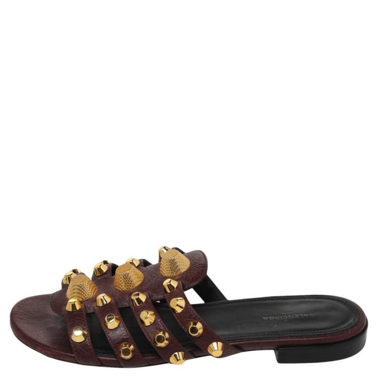 Pre Owned Balenciaga Burgundy Leather Arena Studded Strappy Slide Flats Size 36