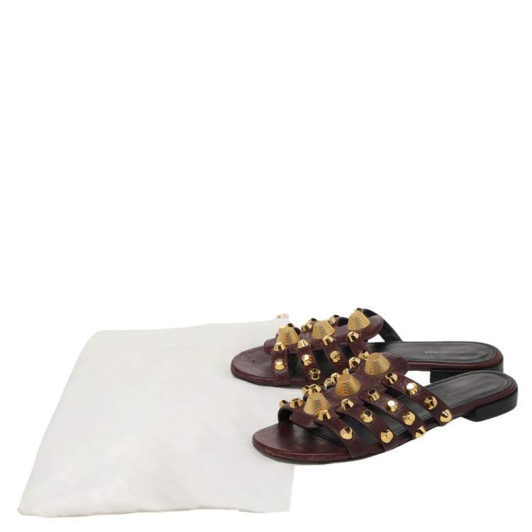 Pre Owned Balenciaga Burgundy Leather Arena Studded Strappy Slide Flats Size 36