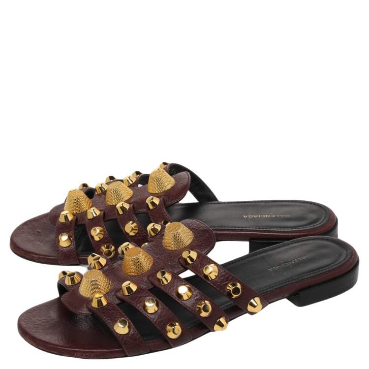 Pre Owned Balenciaga Burgundy Leather Arena Studded Strappy Slide Flats Size 36