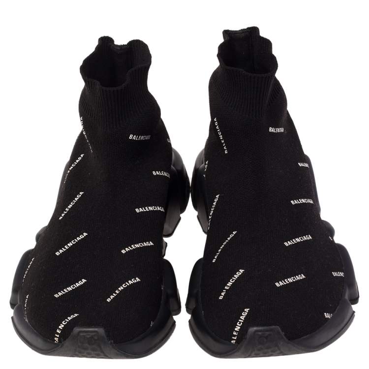 Pre Owned Balenciaga Black Logo Knit Fabric Speed Trainer High Top Sneakers Size 37