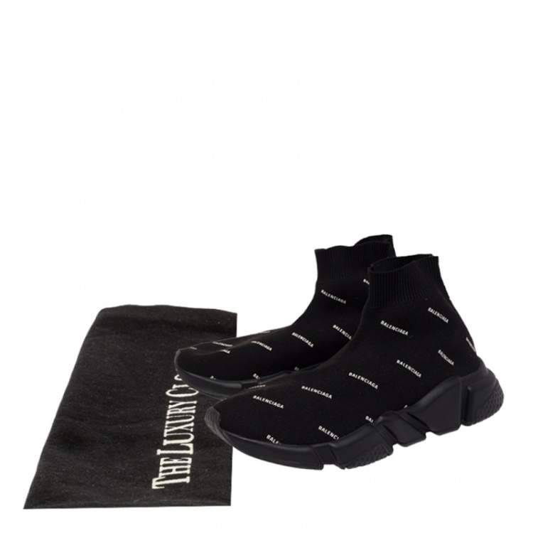 Pre Owned Balenciaga Black Logo Knit Fabric Speed Trainer High Top Sneakers Size 37