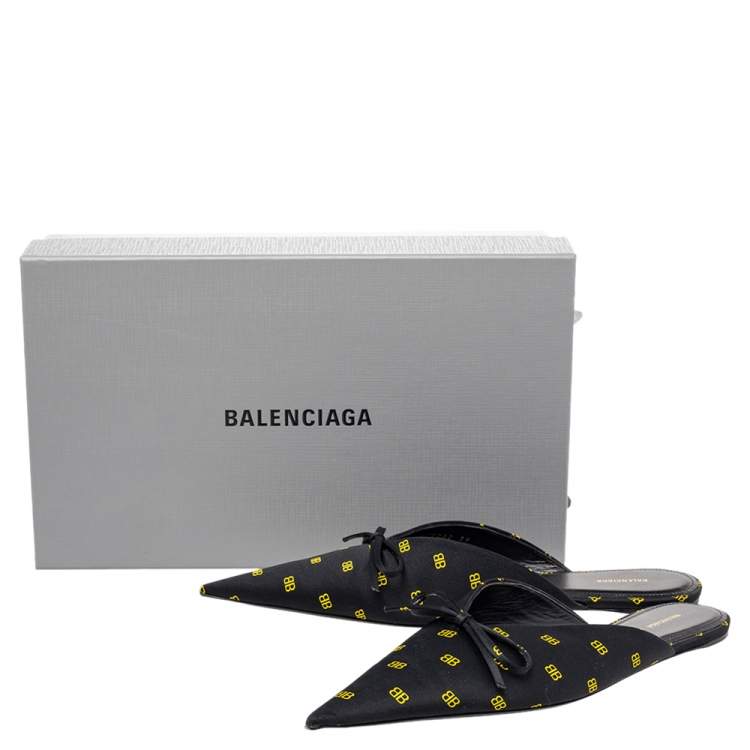 Pre Owned Balenciaga Black Logo Printed Satin Knife Mules Flats Size 39