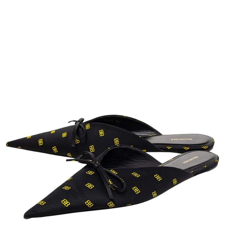 Pre Owned Balenciaga Black Logo Printed Satin Knife Mules Flats Size 39