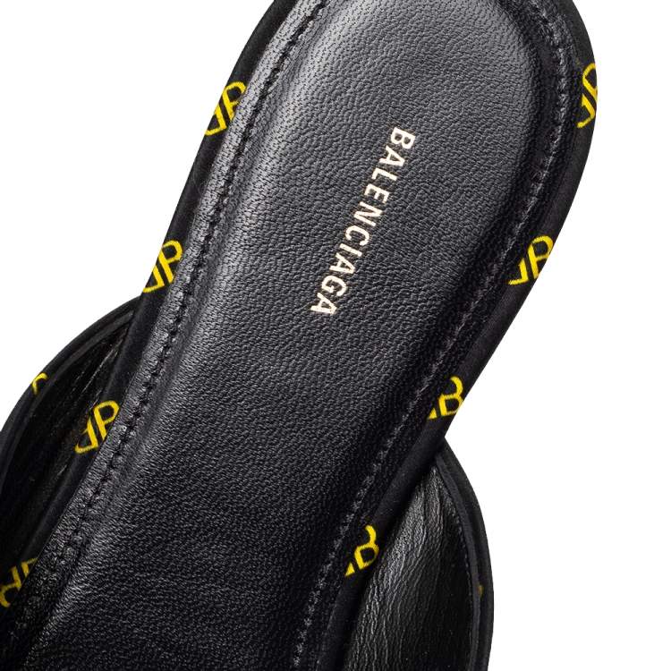 Pre Owned Balenciaga Black Logo Printed Satin Knife Mules Flats Size 39