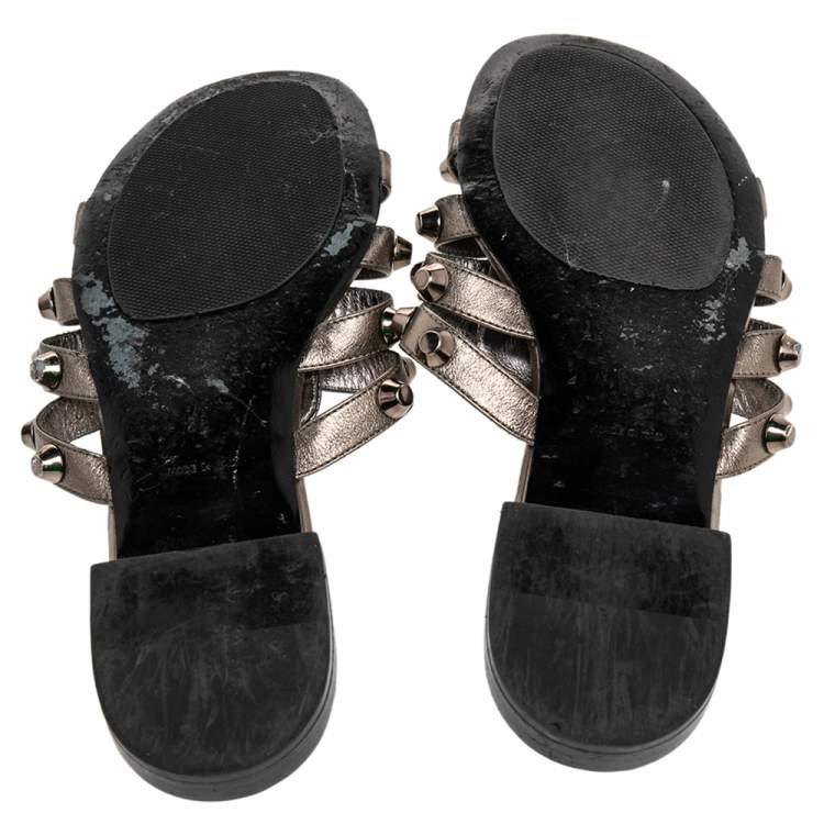 Pre Owned Balenciaga Gris Leather Arena Studded Flat Sandals Size 36