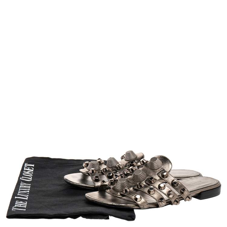 Pre Owned Balenciaga Gris Leather Arena Studded Flat Sandals Size 36