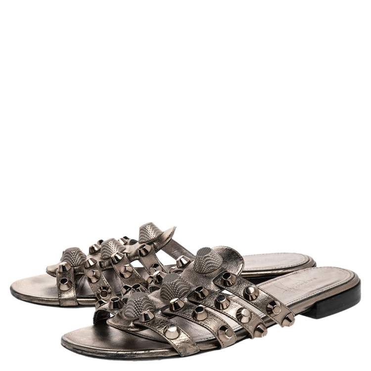 Pre Owned Balenciaga Gris Leather Arena Studded Flat Sandals Size 36