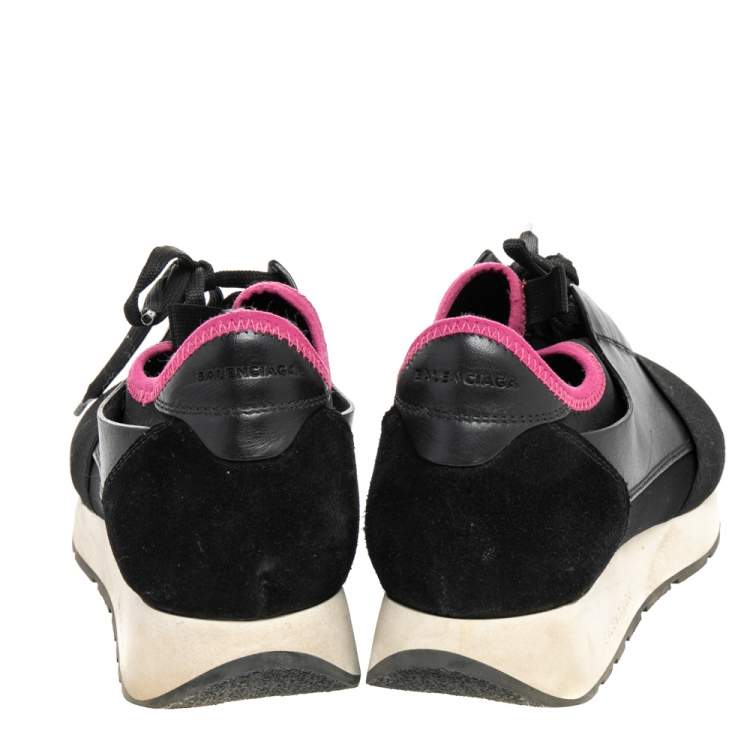 Pre Owned Balenciaga Black Mesh And Leather Race Runner Low Top Sneakers Size 39