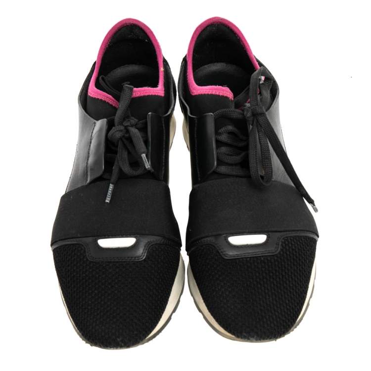 Pre Owned Balenciaga Black Mesh And Leather Race Runner Low Top Sneakers Size 39