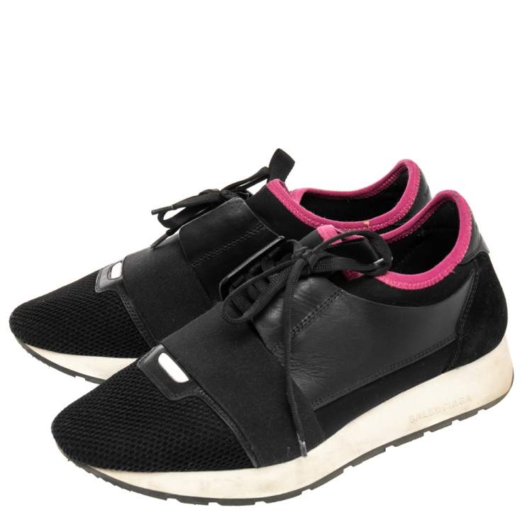 Pre Owned Balenciaga Black Mesh And Leather Race Runner Low Top Sneakers Size 39