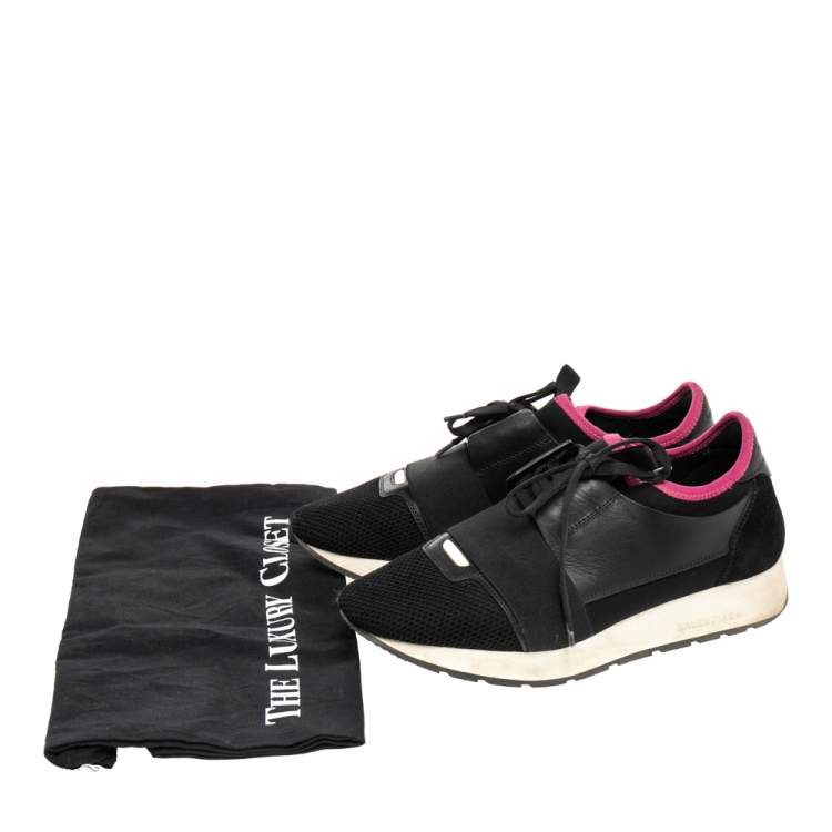 Pre Owned Balenciaga Black Mesh And Leather Race Runner Low Top Sneakers Size 39