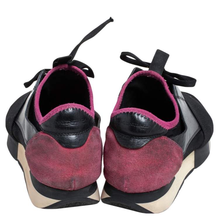 Pre Owned Balenciaga Black/Pink Leather And Mesh Race Runner Sneakers Size 38