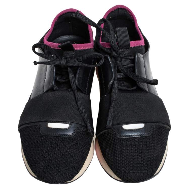 Pre Owned Balenciaga Black/Pink Leather And Mesh Race Runner Sneakers Size 38