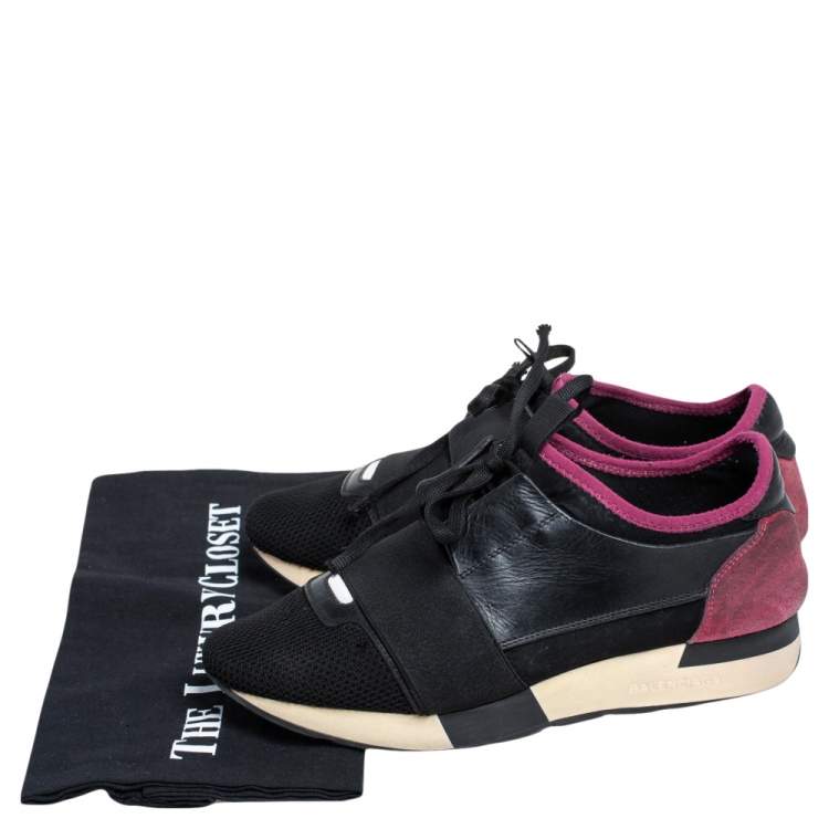 Pre Owned Balenciaga Black/Pink Leather And Mesh Race Runner Sneakers Size 38