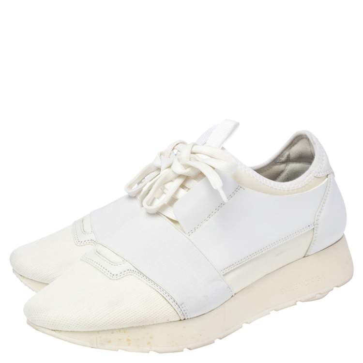 Pre Owned Balenciaga White Mesh and Leather Race Runner Sneakers Size 36