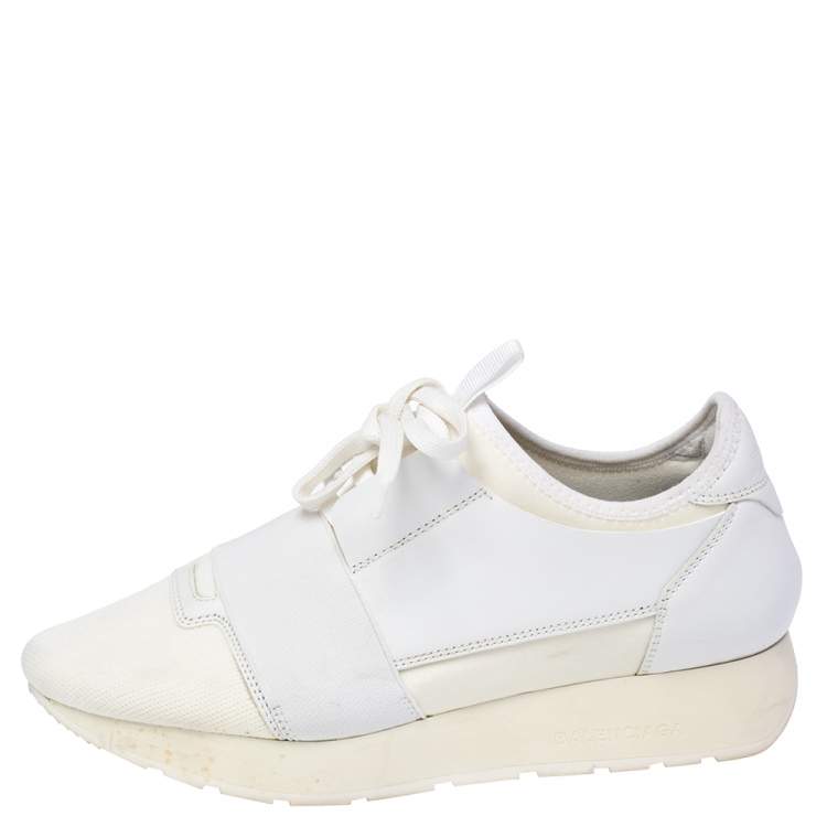 Pre Owned Balenciaga White Mesh and Leather Race Runner Sneakers Size 36